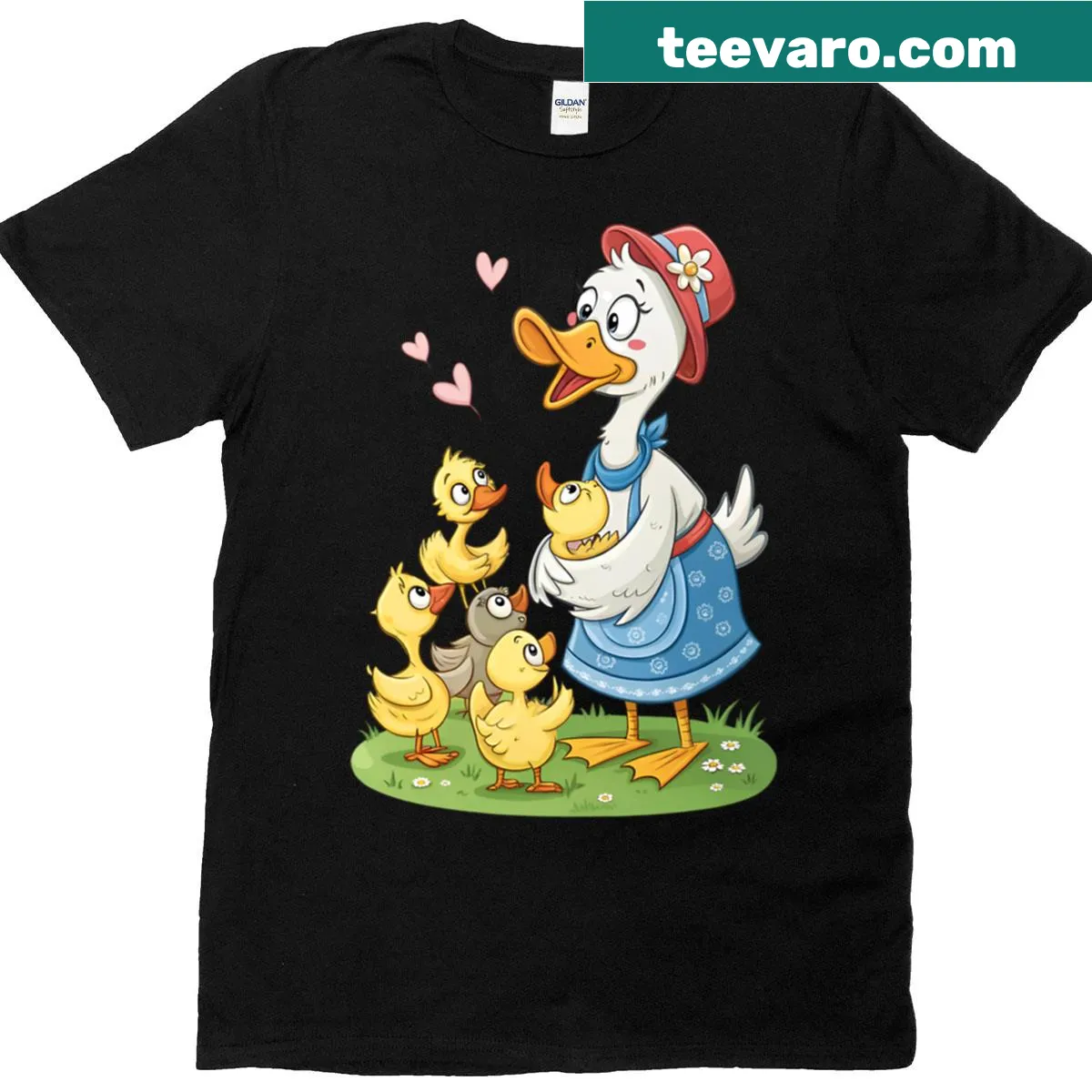 Cute T-shirt depicting a mama goose with ducklings illustration — on a men's t-shirt