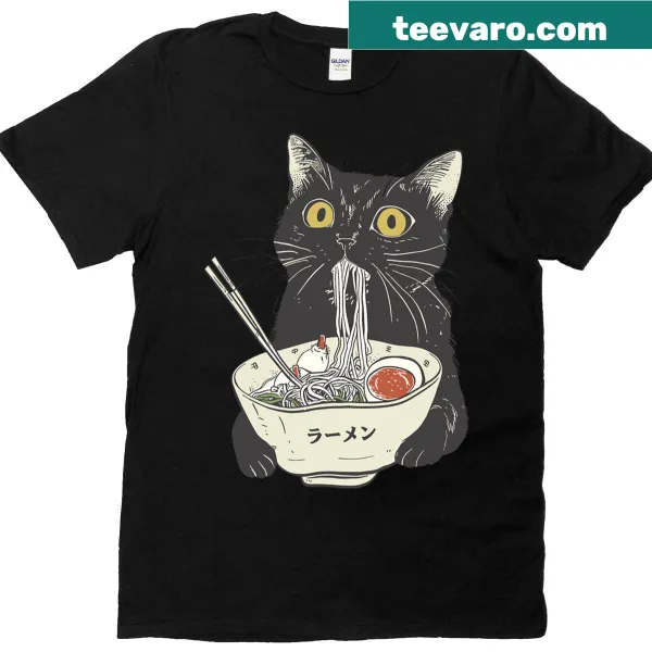 Playful cat eating ramen graphic