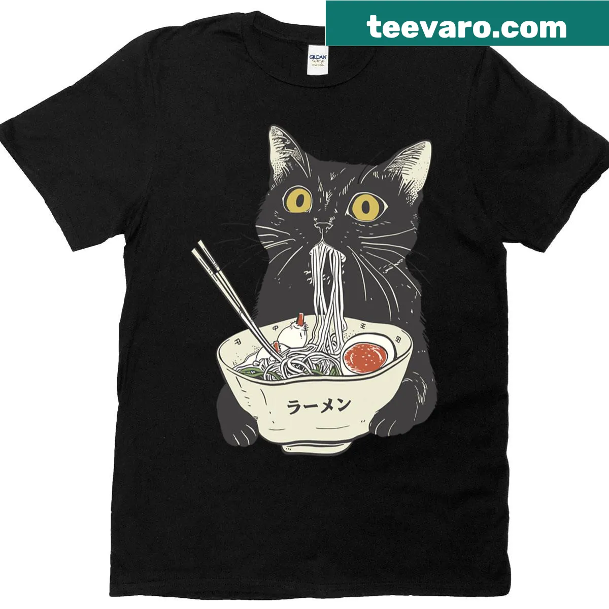 Playful cat eating ramen graphic — on a men's t-shirt