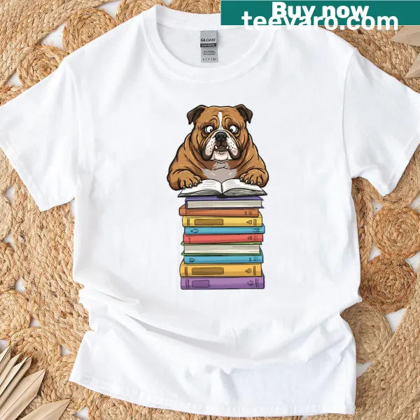 Funny t-shirt featuring a bulldog reading books with glasses