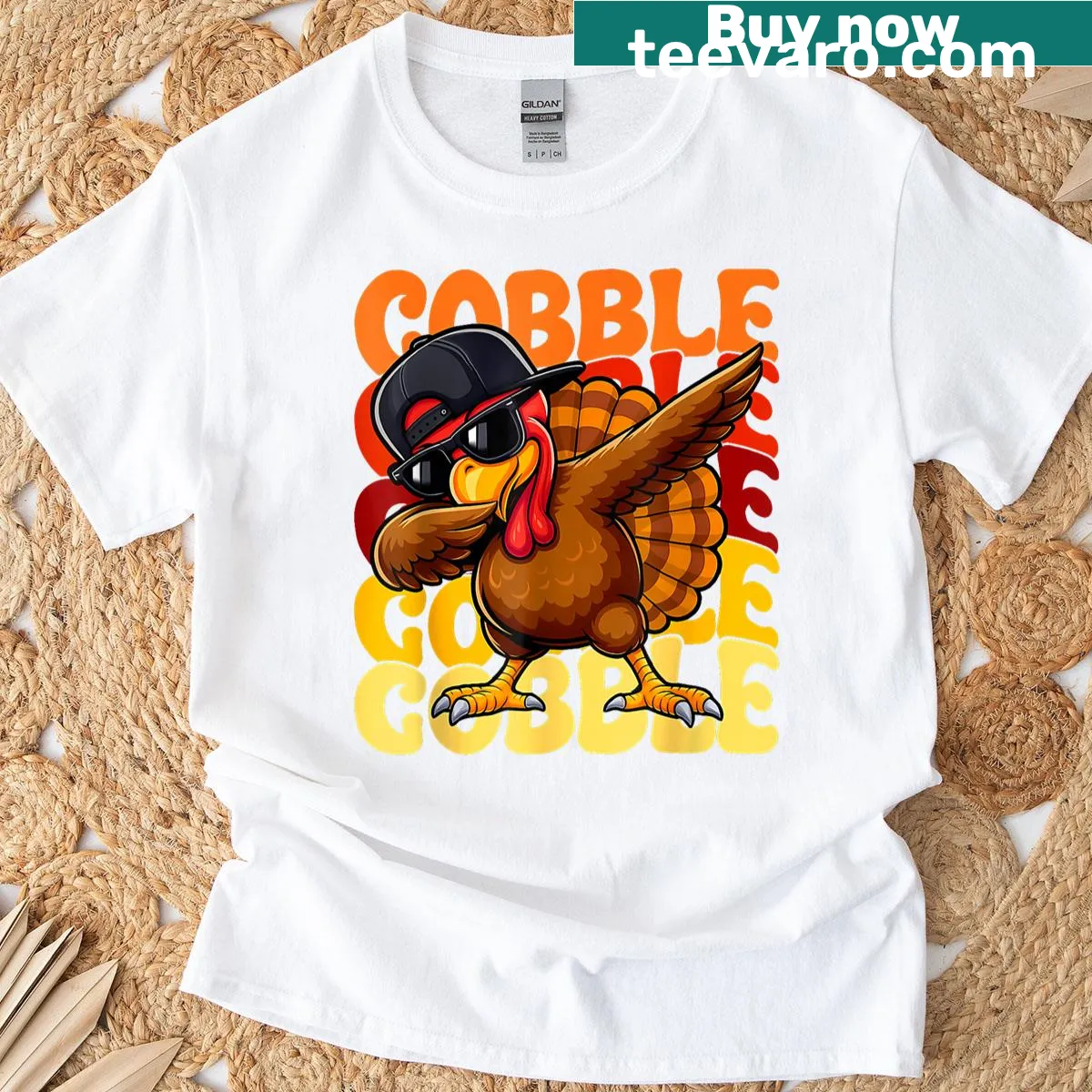Cute cartoon turkey pilgrim graphic on a Thanksgiving T-shirt — on a men's t-shirt
