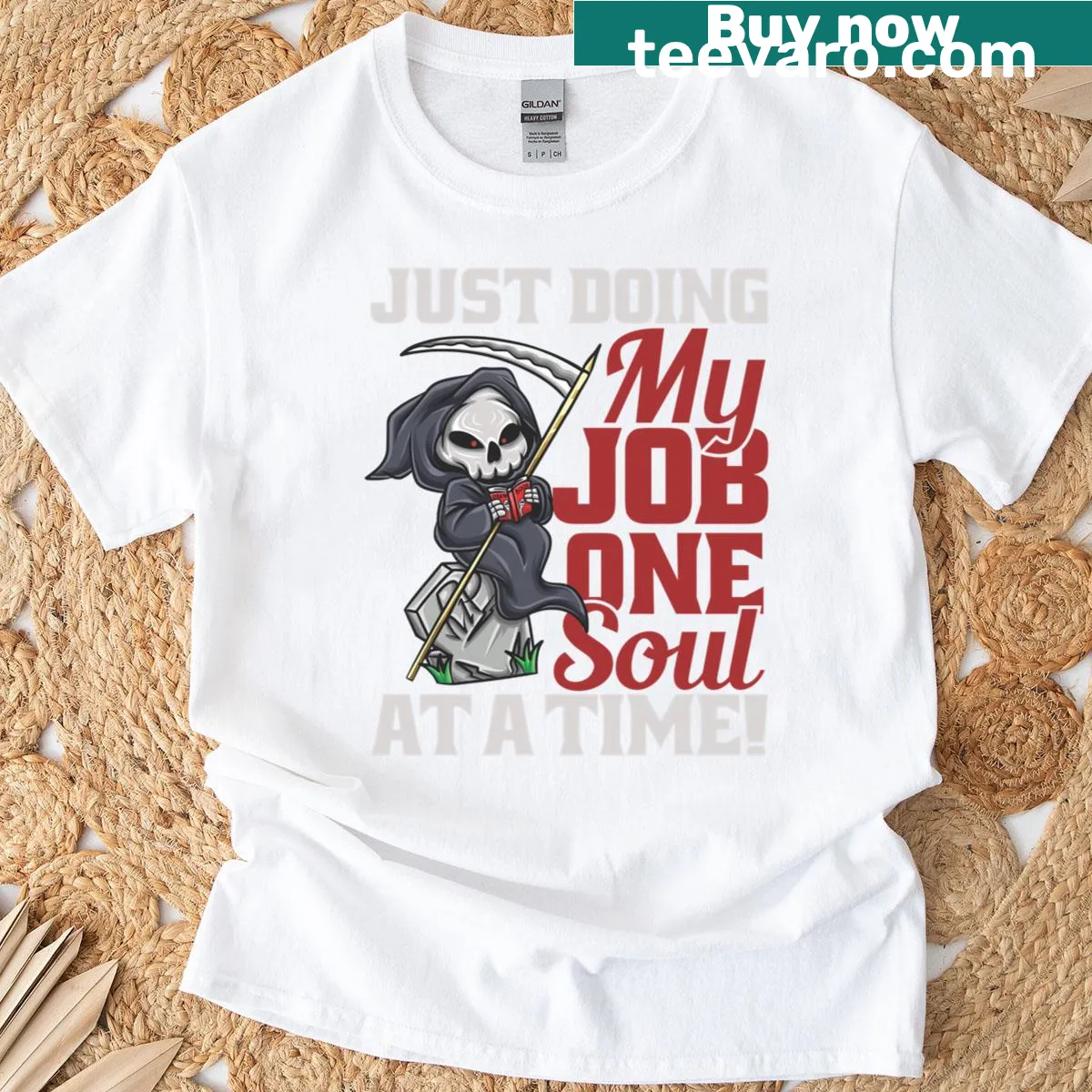 Cute cartoon Grim Reaper graphic T-shirt — on a men's t-shirt