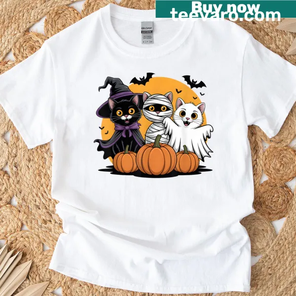 Cute Halloween graphic with cats, witches, mummies, and ghosts