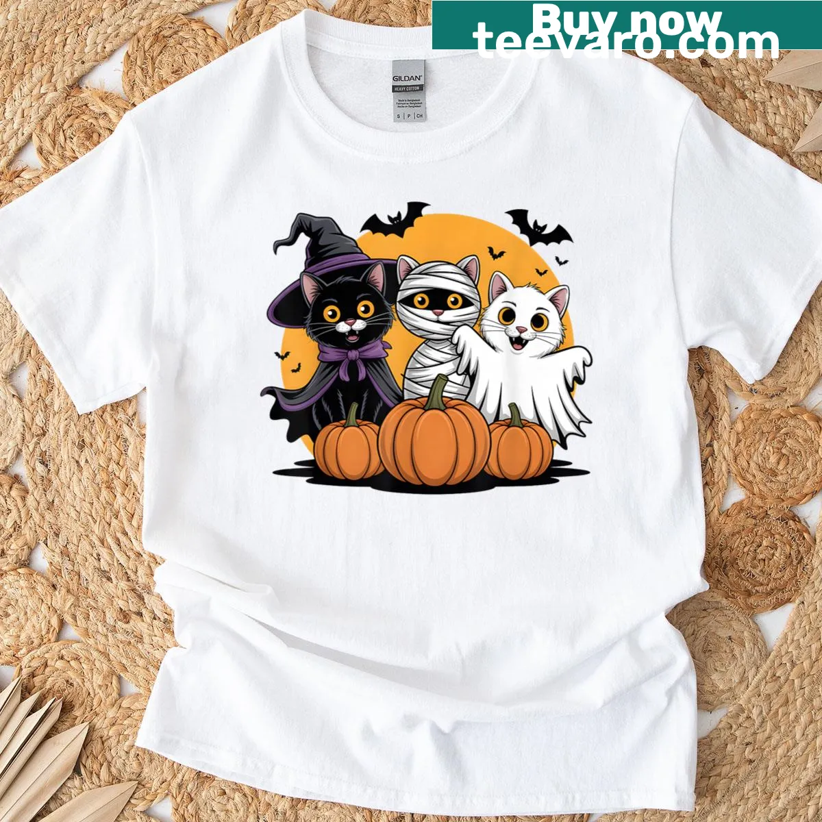 Cute Halloween graphic with cats, witches, mummies, and ghosts — on a men's t-shirt