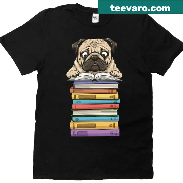 Cartoon pug reading on a pile of books graphic