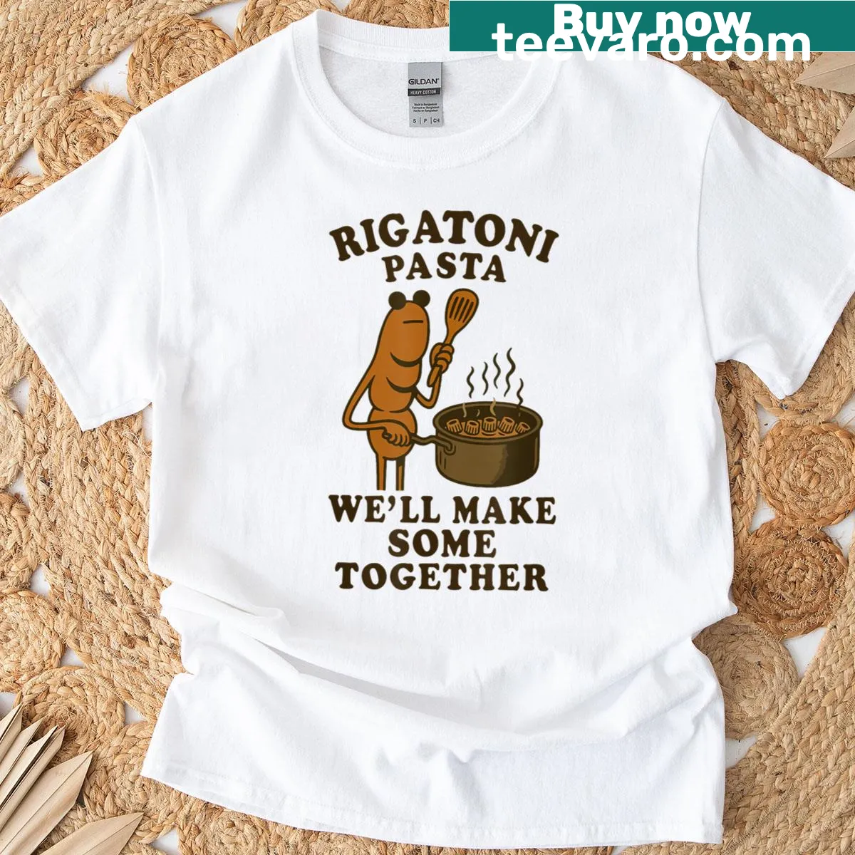 Cartoon of Marcus the Worm with rigatoni pasta — on a men's t-shirt