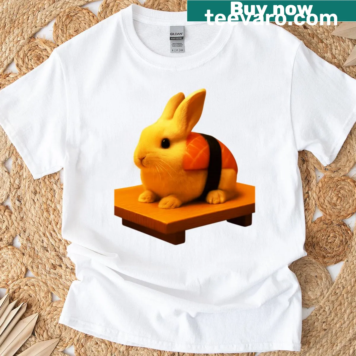 Surreal illustration of a bunny with sushi on a t-shirt — on a men's t-shirt