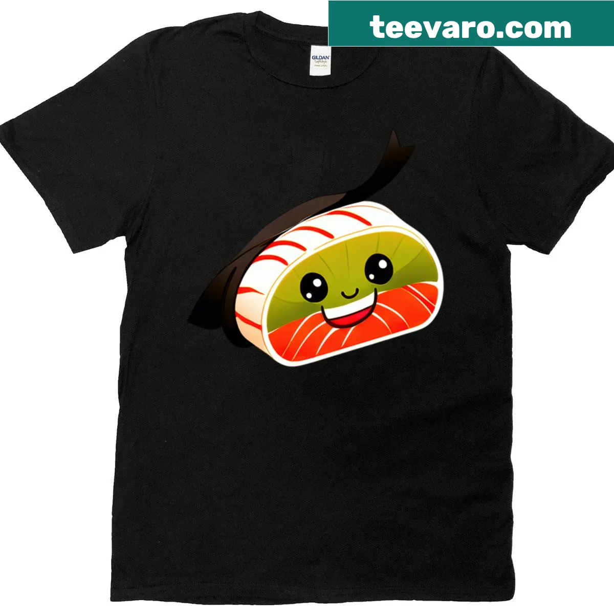 Cute T-shirt featuring a happy sushi roll graphic — on a men's t-shirt