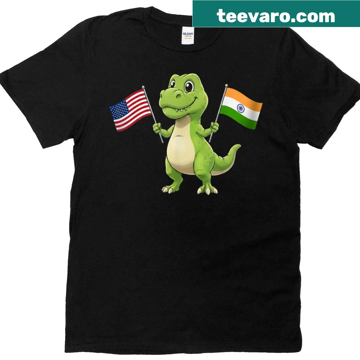 Cute T-rex with USA and Jamaica flags illustration — on a men's t-shirt