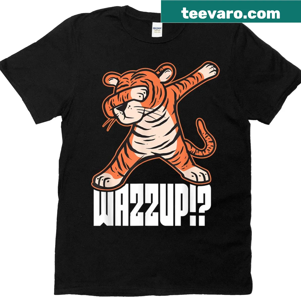 Funny T-shirt featuring Dab Wazzup Tiger meme design — on a men's t-shirt