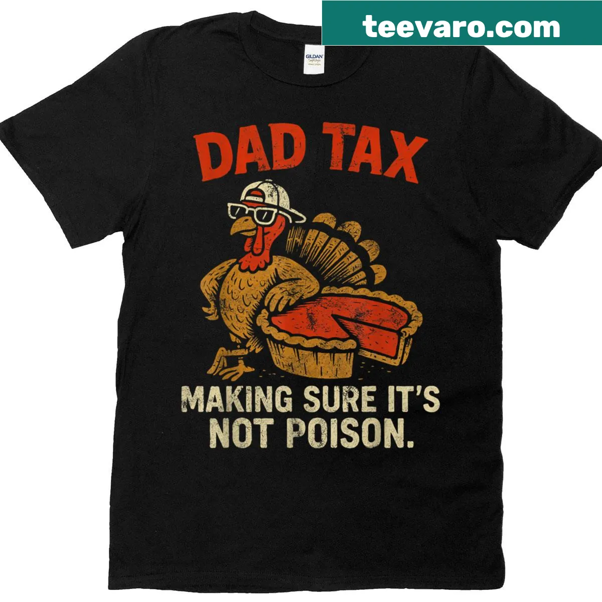 Funny Thanksgiving T-shirt for dads highlighting the 'Dad Tax' on pumpkin pie. — on a men's t-shirt