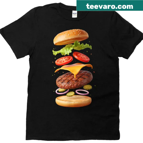 Deconstructed hamburger graphic on a t-shirt