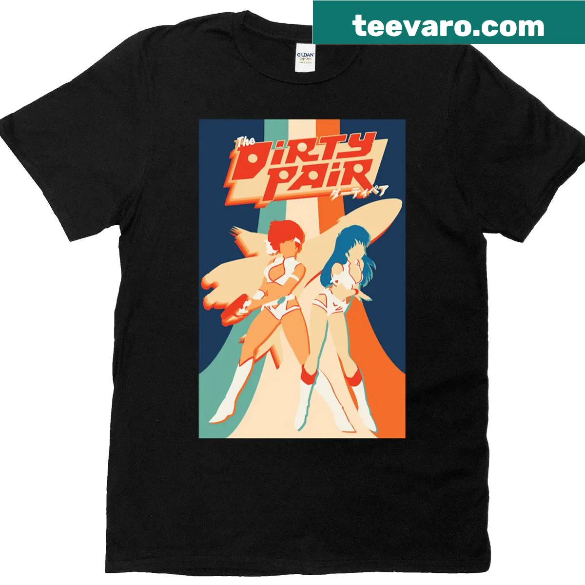 Vintage-style T-shirt featuring Dirty Pair anime poster design — on a men's t-shirt