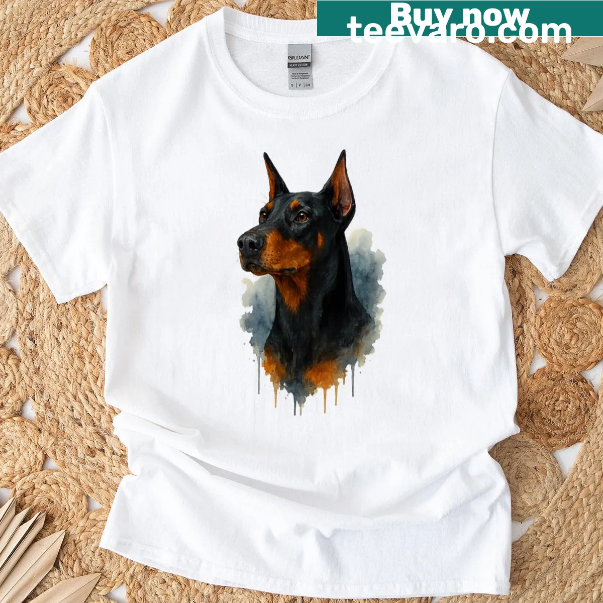 Watercolor portrait of a Doberman Pinscher on a T-shirt — on a men's t-shirt