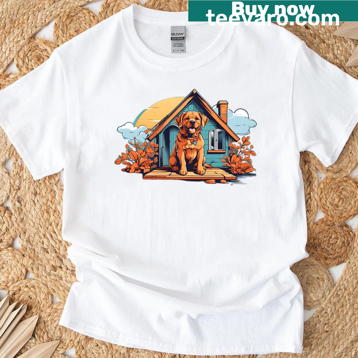 Illustration of a dog relaxing in a summer house on t-shirt — on a men's t-shirt