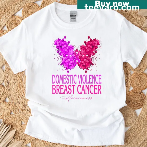 Butterfly and floral design promoting breast cancer awareness on a T-shirt
