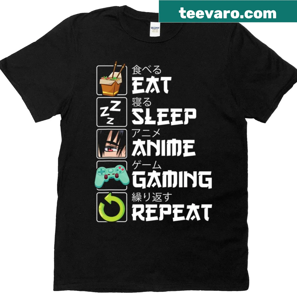 Kawaii oversized t-shirt celebrating anime and gaming culture with playful graphics. — on a men's t-shirt
