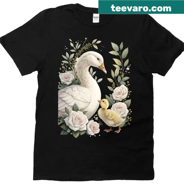 Artistic t-shirt featuring a mama goose and her goslings in floral design.