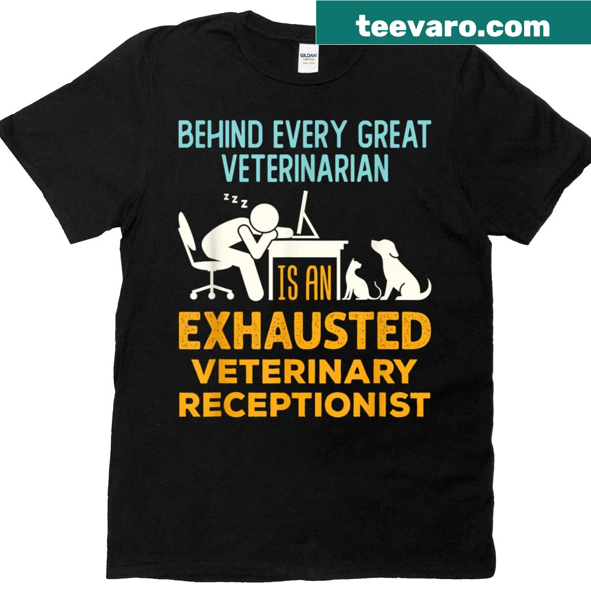 Illustrative T-shirt honoring veterinary receptionists with a heartfelt design. — on a men's t-shirt