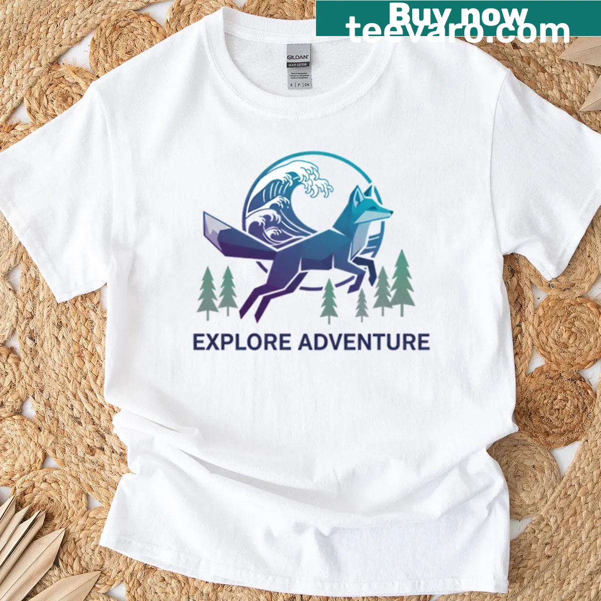 Fox with ocean wave and forest graphic t-shirt design — on a men's t-shirt