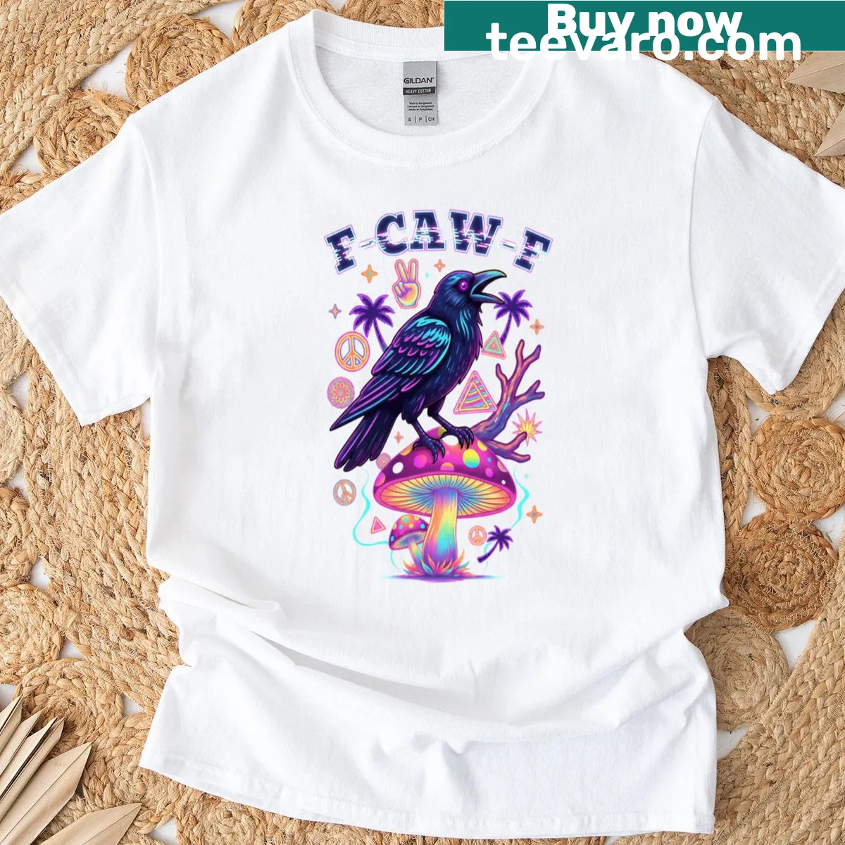 Trippy illustration of a crow on a mushroom on a t-shirt — on a men's t-shirt