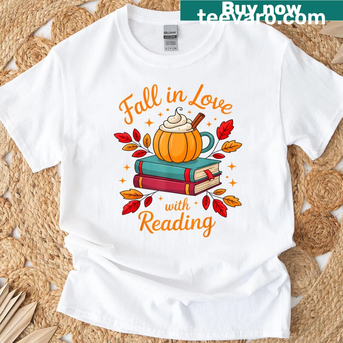 T-shirt featuring a pumpkin and reading-themed illustration — on a men's t-shirt