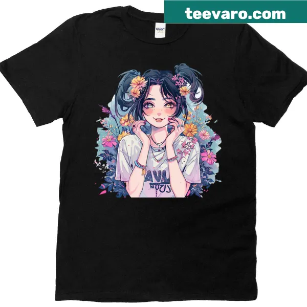 Anime girl surrounded by flowers in a cute aesthetic on T-shirt