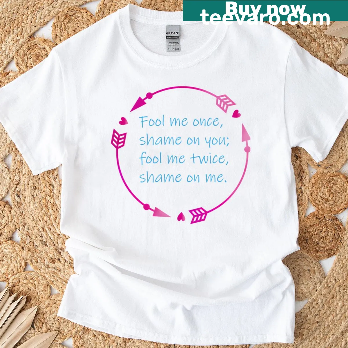 T-shirt with wise saying 'Fool me once, shame on you' in bold typography. — on a men's t-shirt