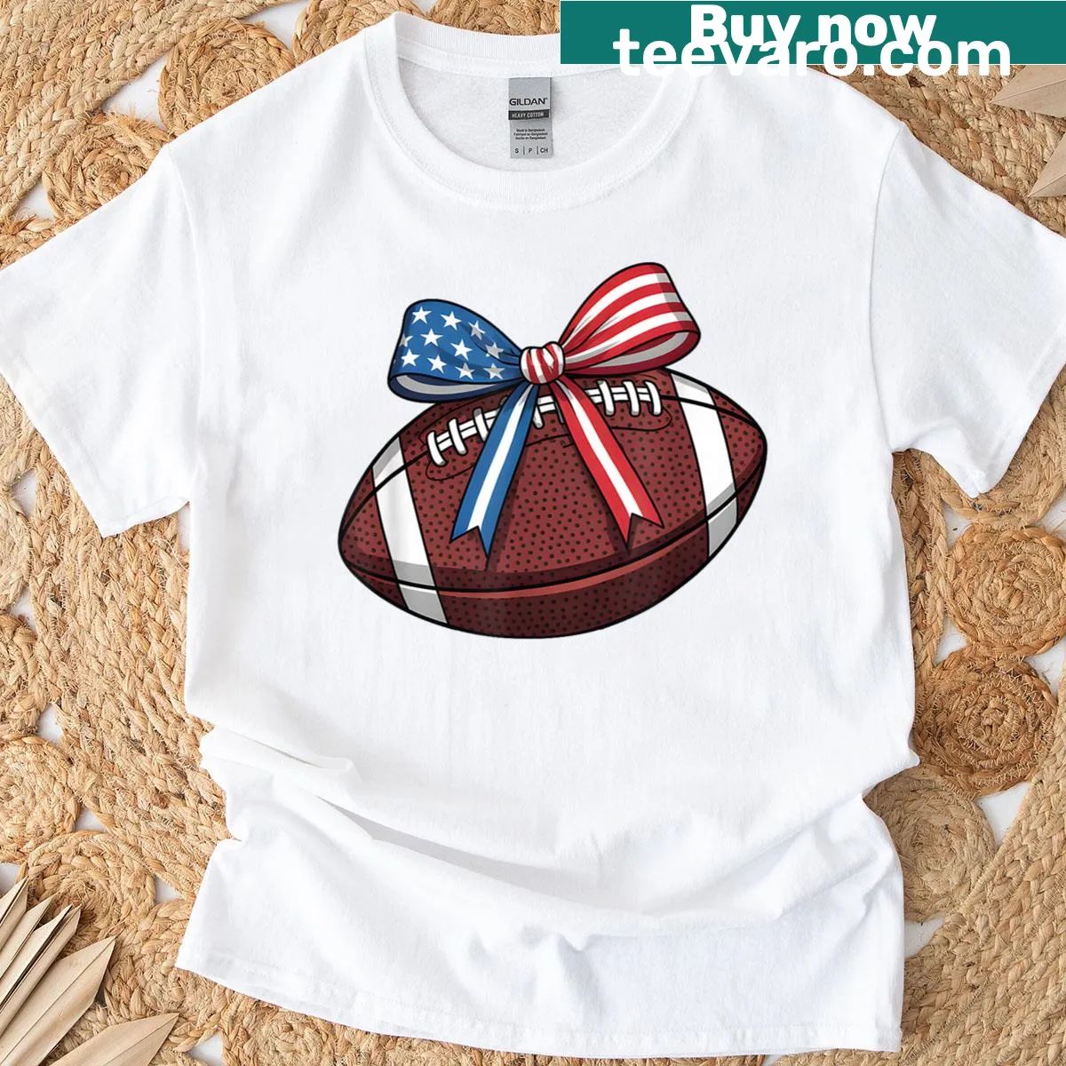 Patriotic women's T-shirt with football bow graphic — on a men's t-shirt