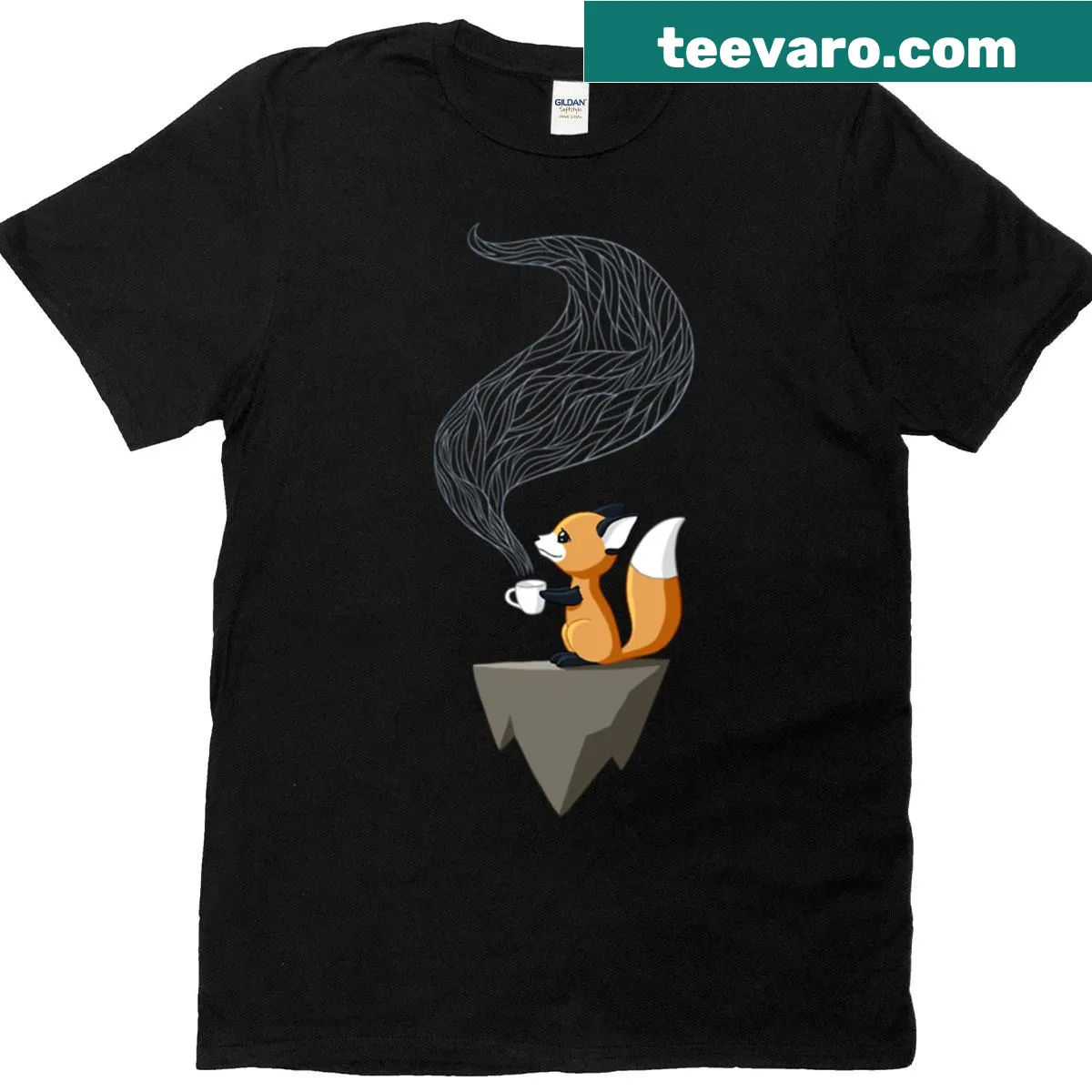 Adorable illustration of a fox drinking tea on a T-shirt — on a men's t-shirt
