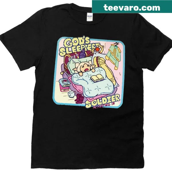 T-shirt featuring bold illustration of the 'God's Sleepiest Soldier' from Frieren