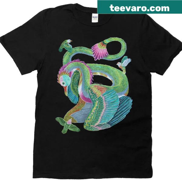 Illustration of a dove and dragon in colored pencil style on T-shirt
