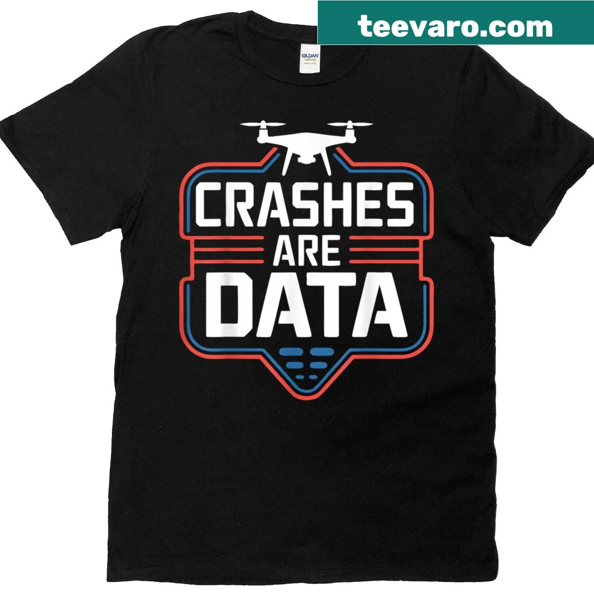 Drone racing-themed T-shirt with a humorous crash graphic — on a men's t-shirt