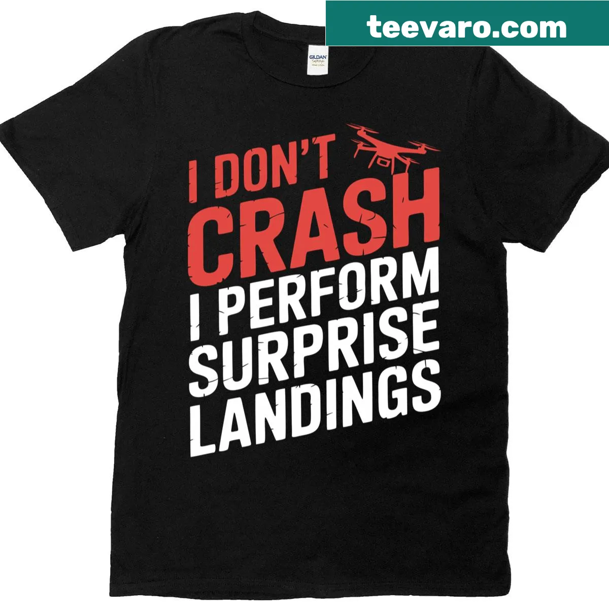 Humorous drone racing T-shirt featuring fun FPV racing graphics. — on a men's t-shirt