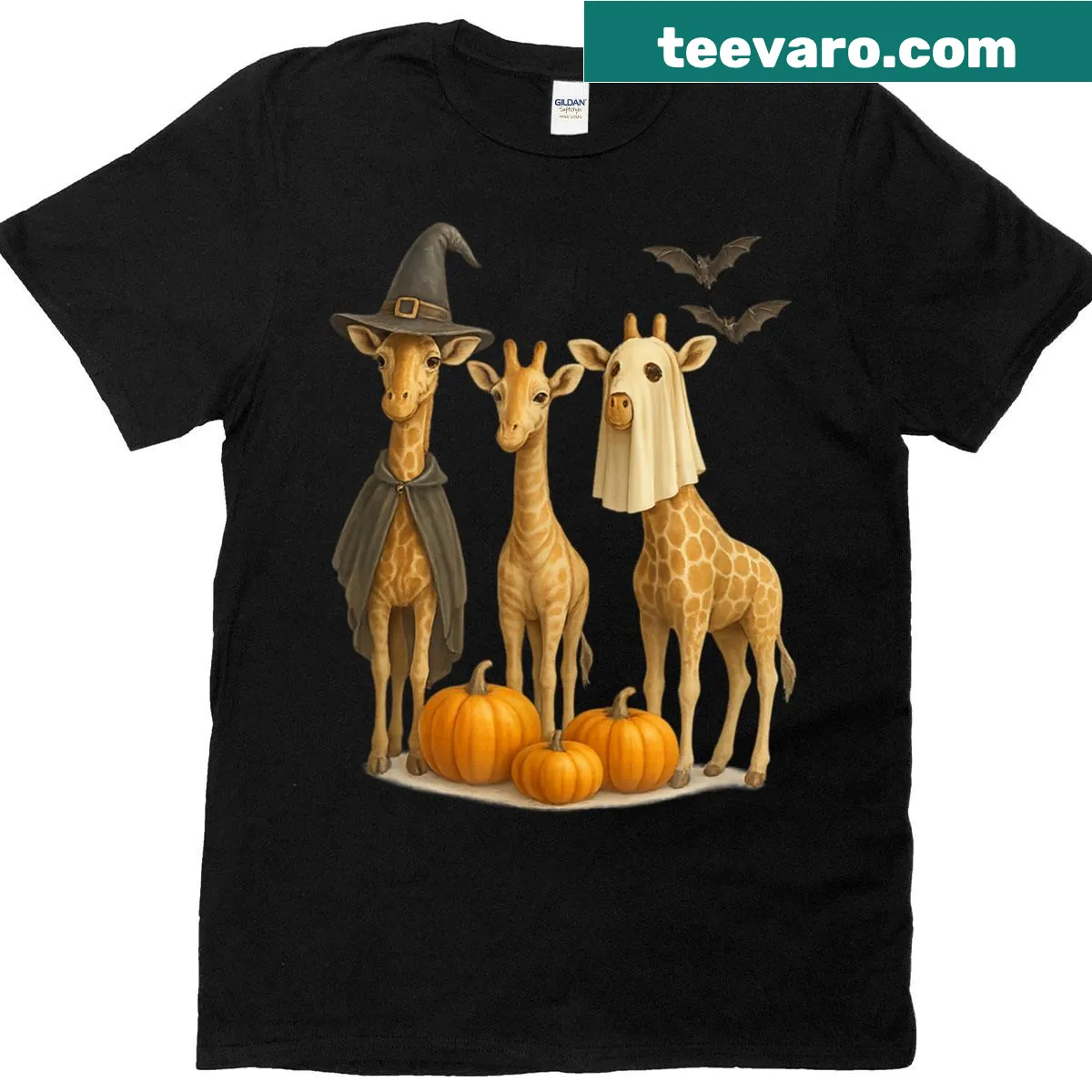Giraffe Halloween T-shirt with pumpkins and bats in a whimsical design — on a men's t-shirt