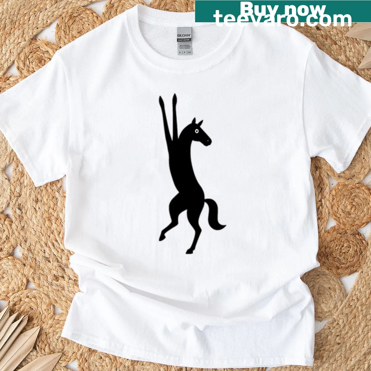 Minimalist silhouette of a hanging horse on a t-shirt — on a men's t-shirt