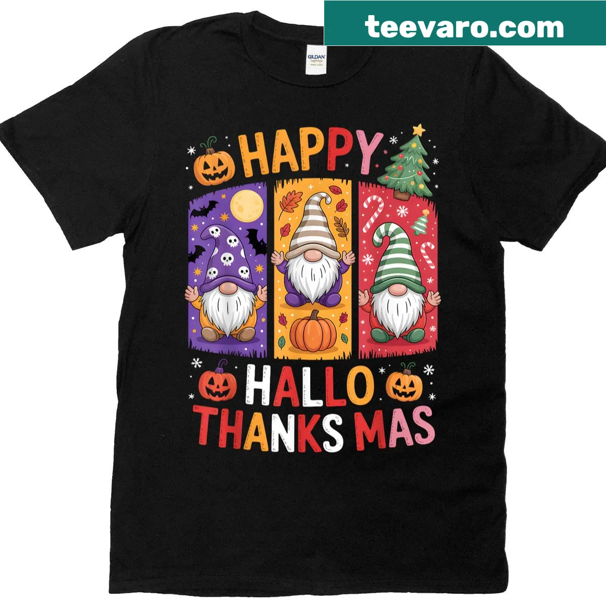 Illustration celebrating multiple fall holidays in a humorous style — on a men's t-shirt