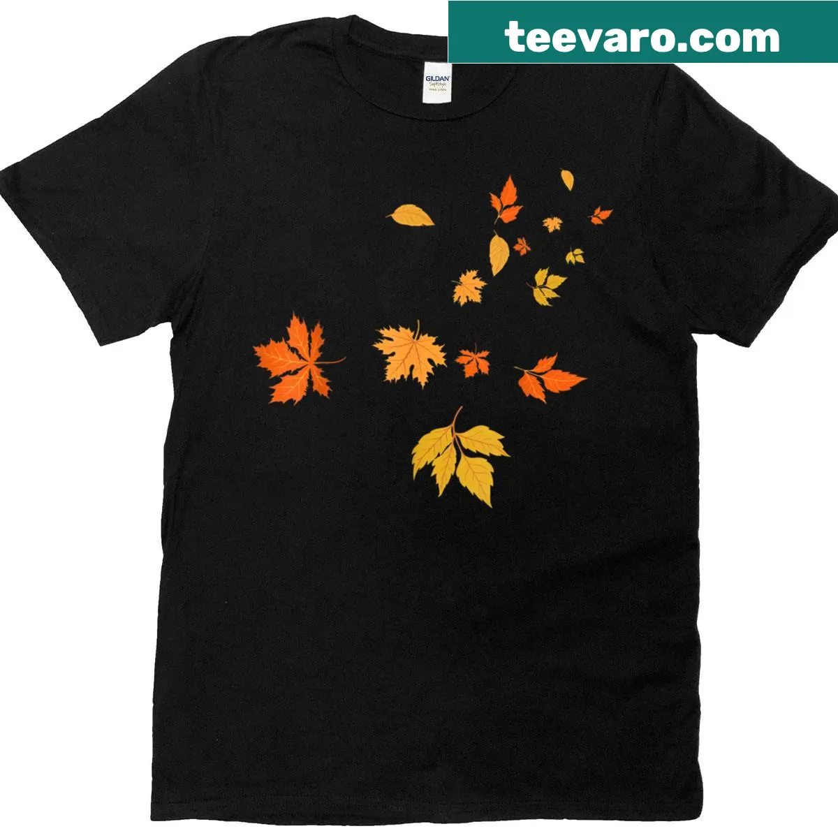 Couple matching t-shirts with a humorous leaf blower graphic for Halloween — on a men's t-shirt