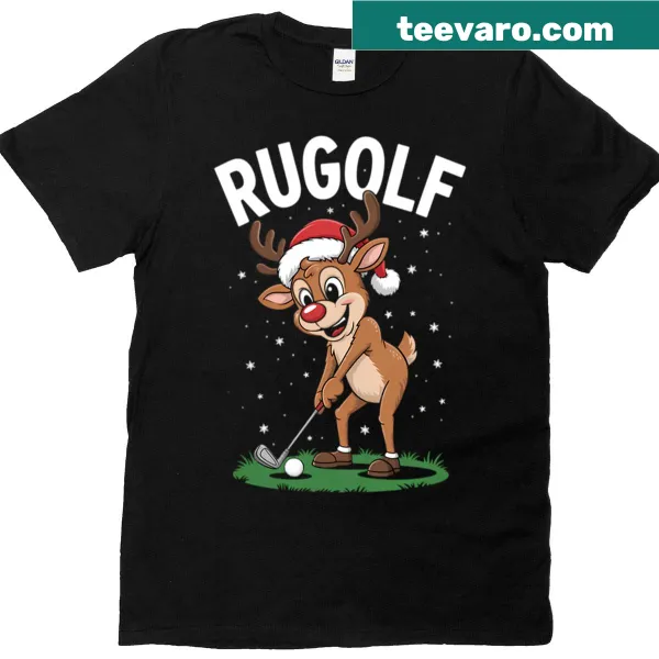 Cartoon reindeer golfing graphic on a Christmas T-shirt