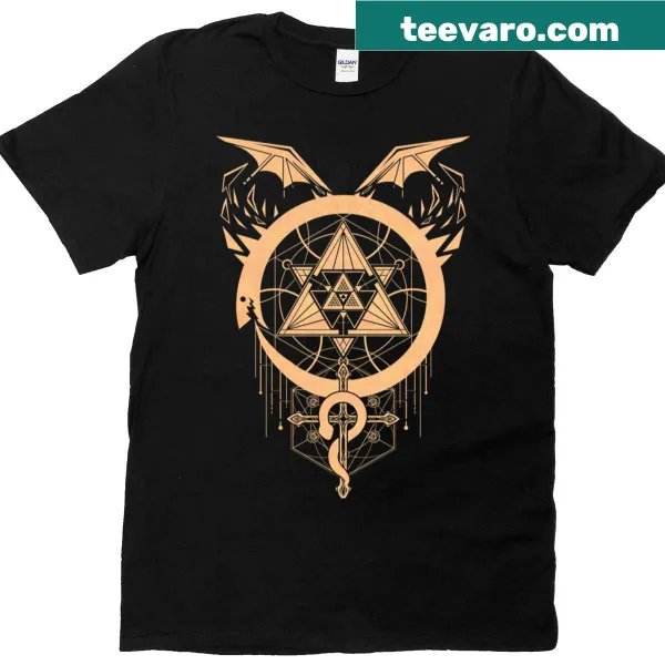 Distressed T-shirt featuring gilded snakes and alchemical symbols