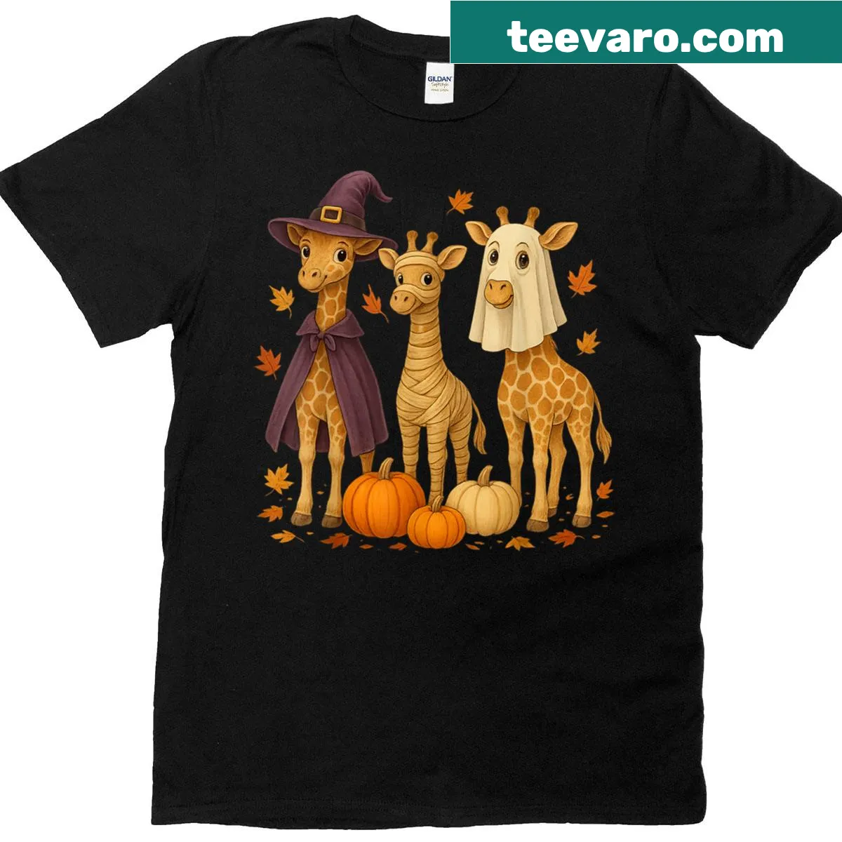 Giraffe dressed as a mummy witch for Halloween — on a men's t-shirt