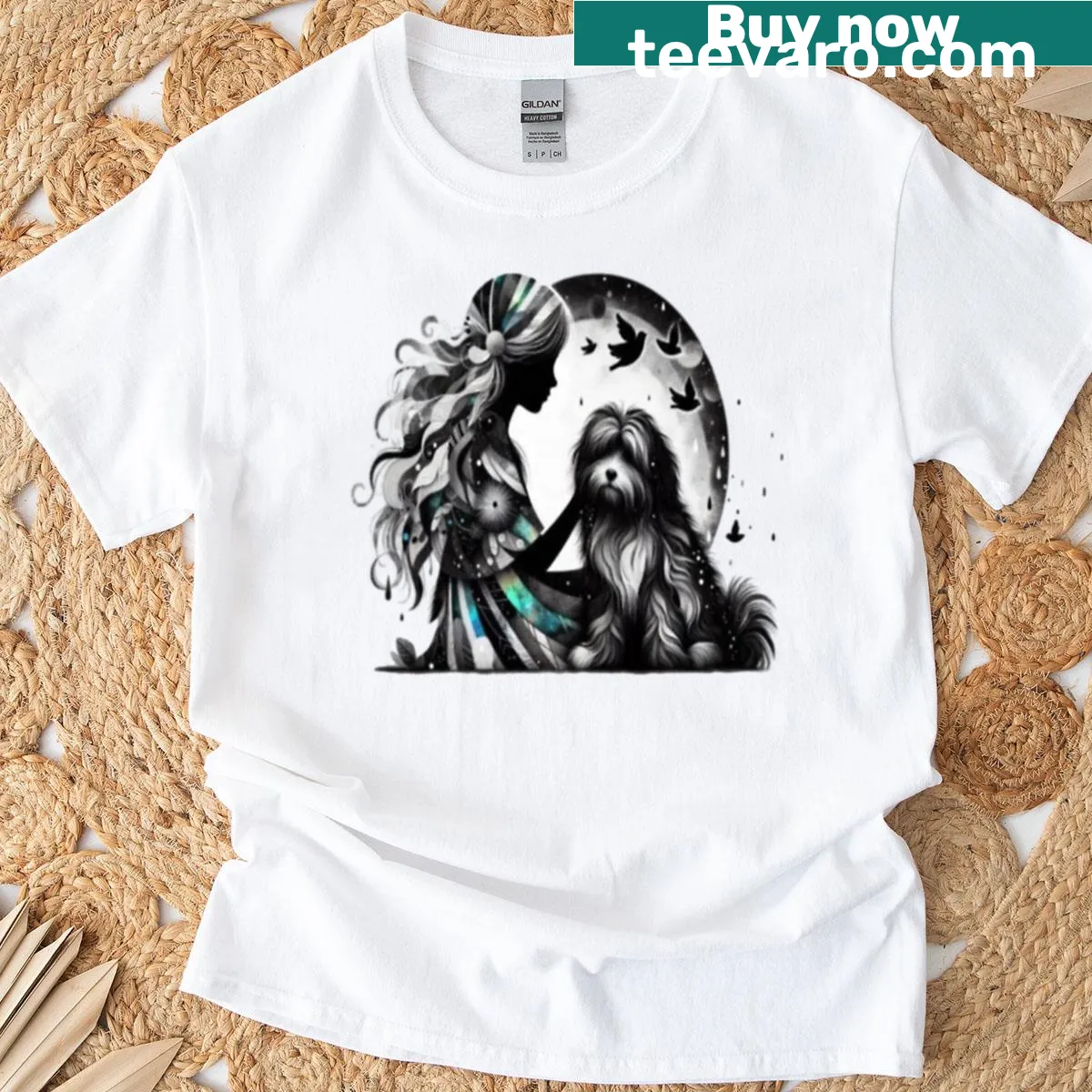 Illustration of a girl and puppy under the moon on T-shirt — on a men's t-shirt