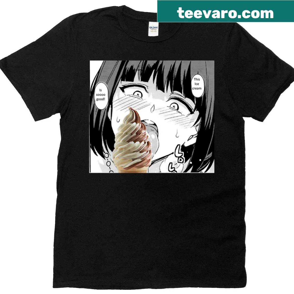 Illustration of a girl licking an ice cream cone — on a men's t-shirt