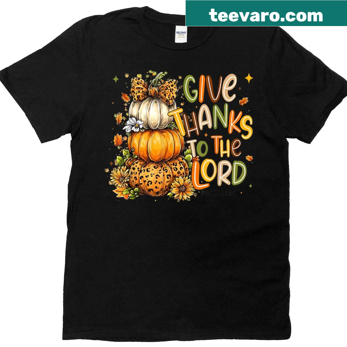 Thanksgiving T-shirt with faith-themed typography and pumpkins — on a men's t-shirt