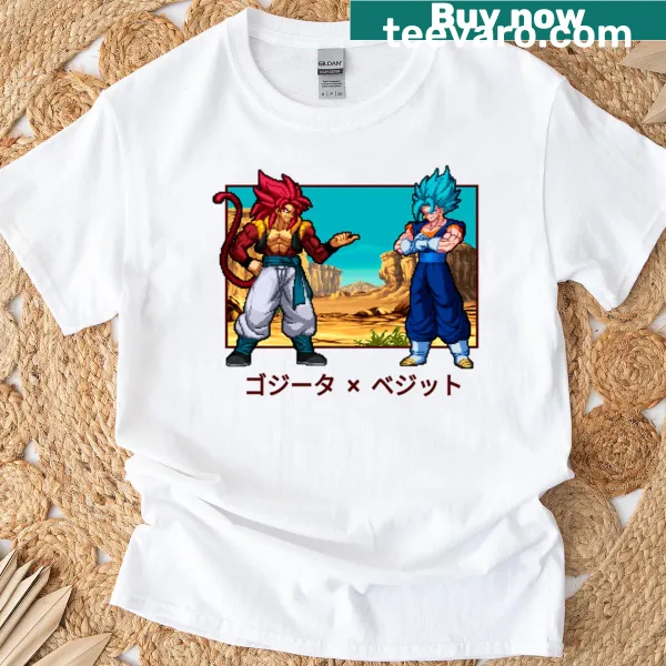 Illustration of Gogeta and Vegito clashing in a dynamic pose