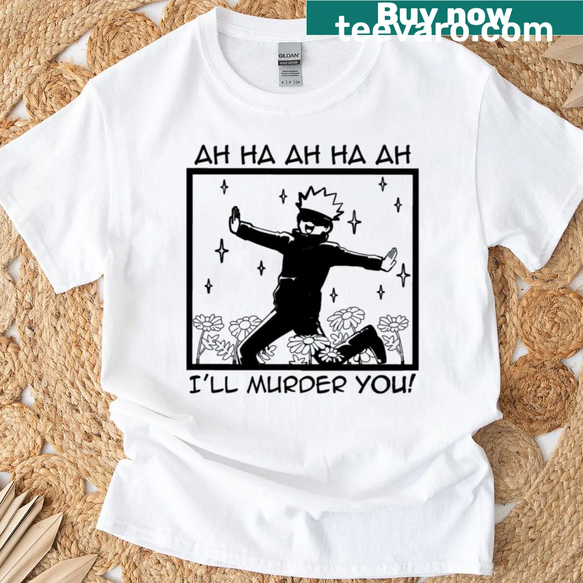 Funny t-shirt featuring Gojo in a cartoon style — on a men's t-shirt