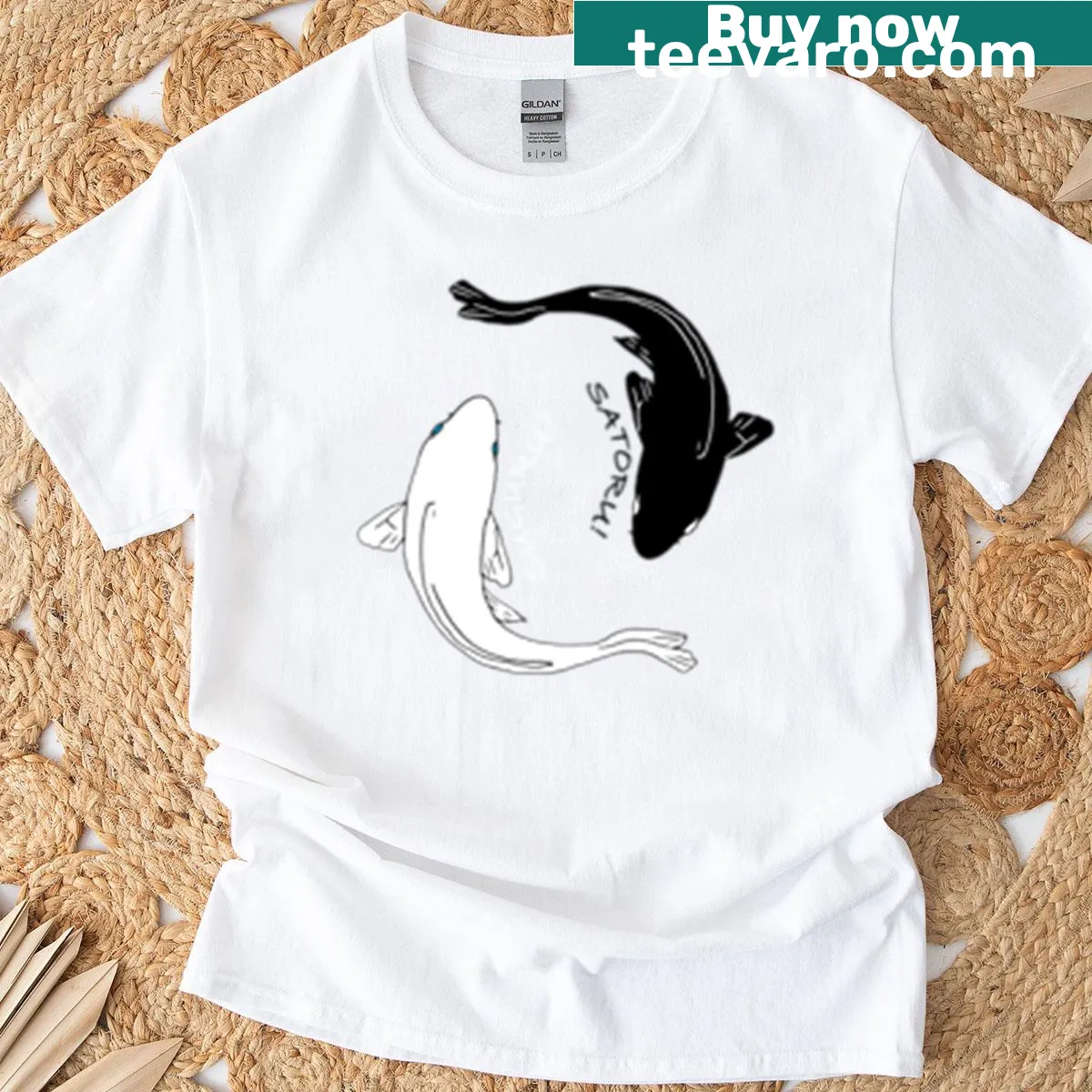 Artistic t-shirt with Gojou Satoru and Getou Suguru koi fishes — on a men's t-shirt