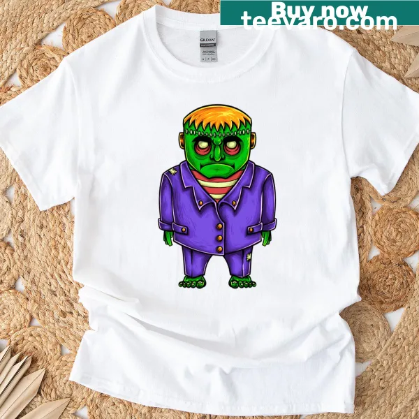 Cartoon green zombie Frankenstein graphic on a Halloween t-shirt