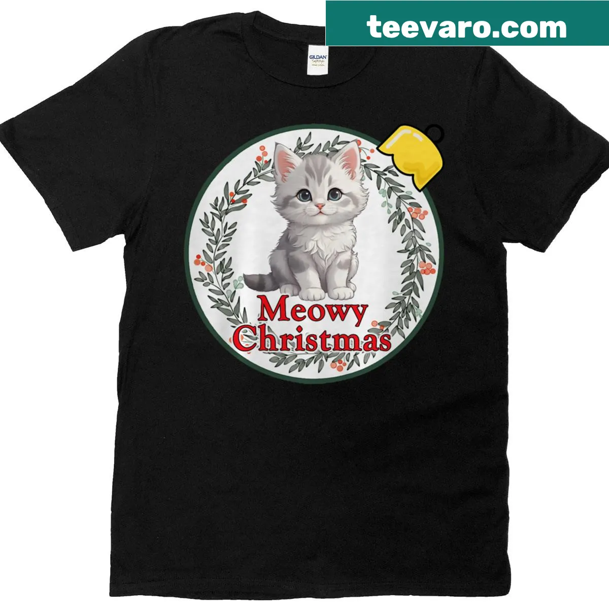 Grey tabby kitten on a Christmas ornament illustration — on a men's t-shirt