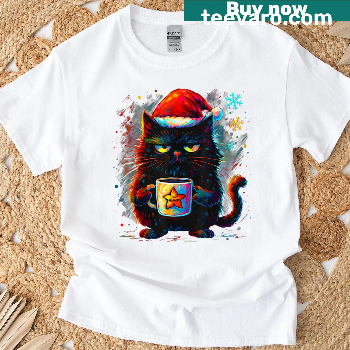 Funny Christmas t-shirt featuring a grumpy black cat in a Santa hat sipping coffee — on a men's t-shirt